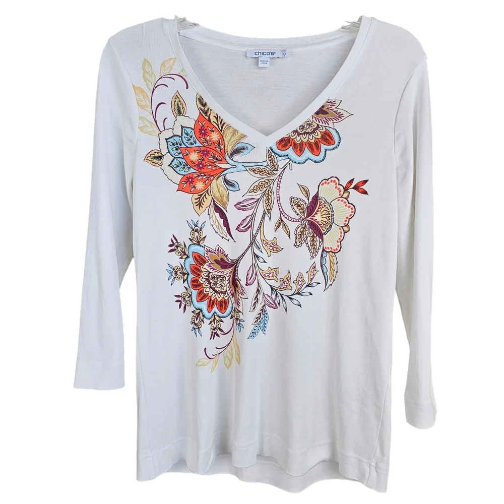 CHICO'S Floral Pima Cotton 3/4 Sleeve Soft, Lightweight Pullover Top Size S - Picture 2 of 11